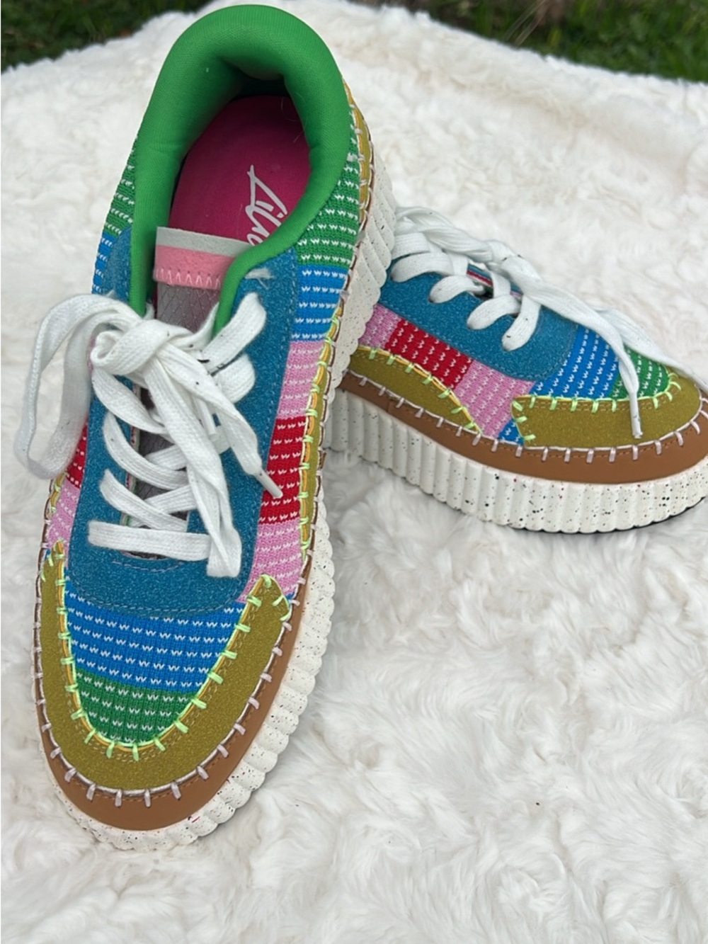 Liliana Rainbow Patchwork Platform Sneakers - Blue Green Pink - Picture 2 of 7
